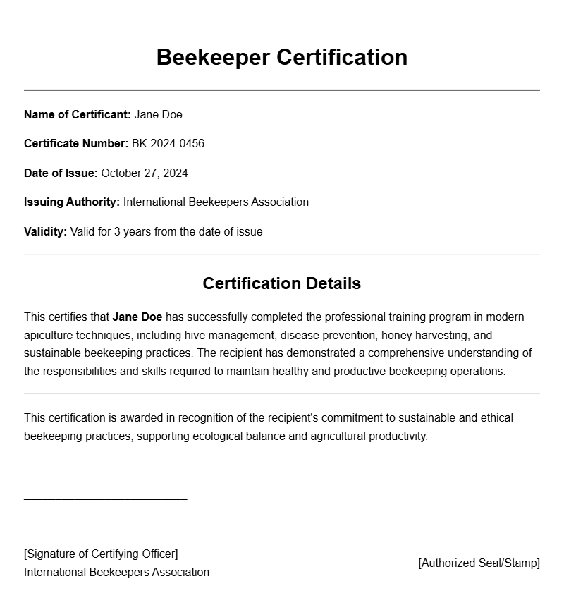 Beekeeper Certificate Samples and Examples