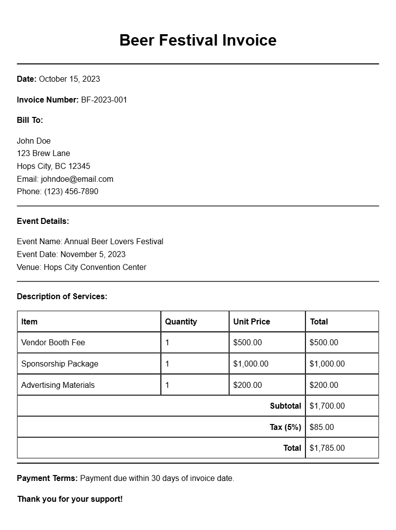 Beer Festival Invoice Samples for Your Event Planning Needs