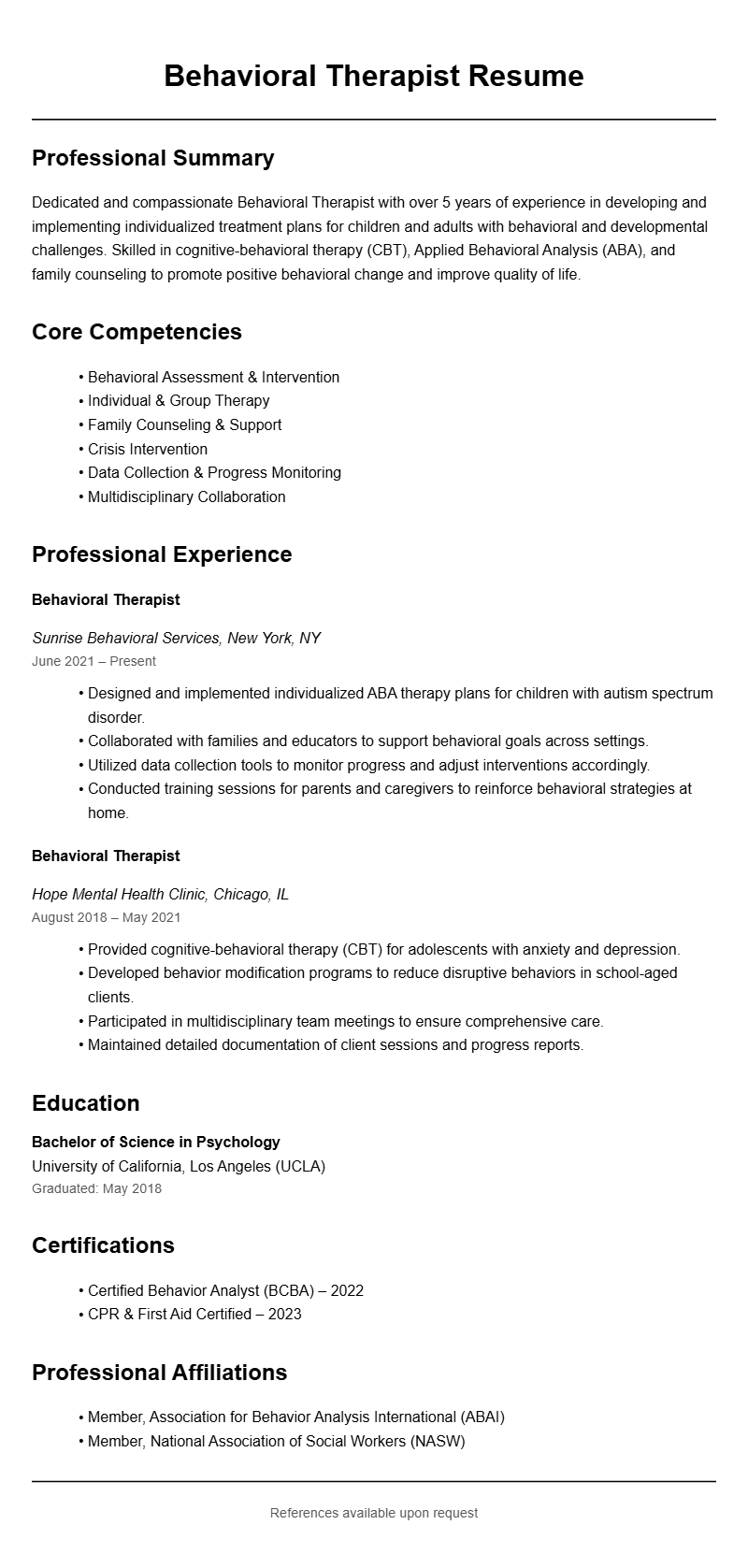 Behavioral Therapist Resume Samples to Showcase Your Skills
