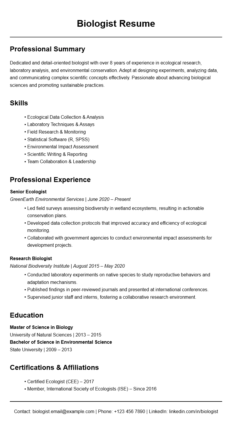 Biologist Resume Samples for a Strong Job Application