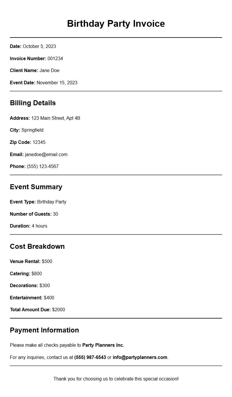 Birthday Party Invoice Samples for Easy Planning