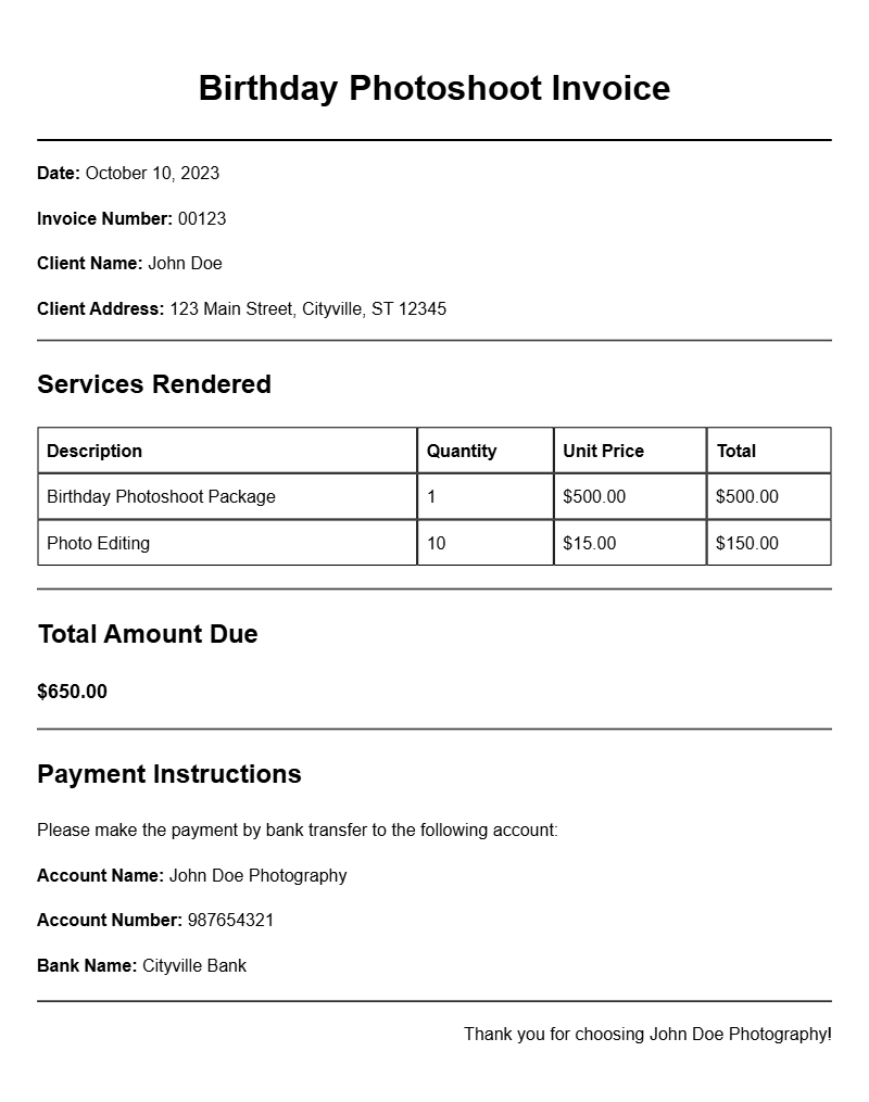 Birthday Photoshoot Invoice Samples for Easy Reference