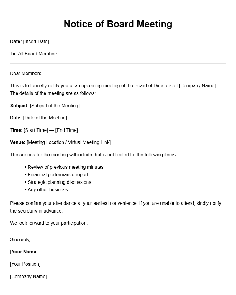 Effective Board Meeting Notice Letter Templates for Your Organization