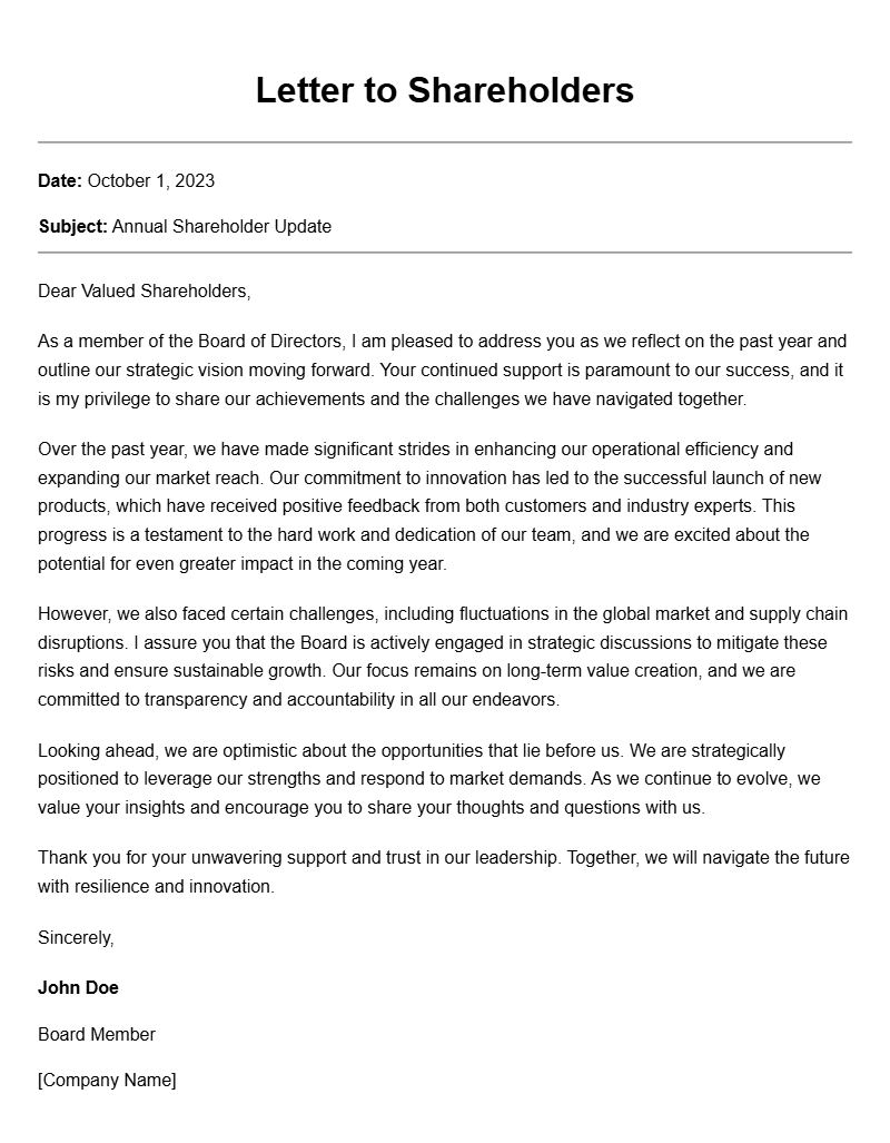 Board Member to Shareholder Letter Templates for Your Needs