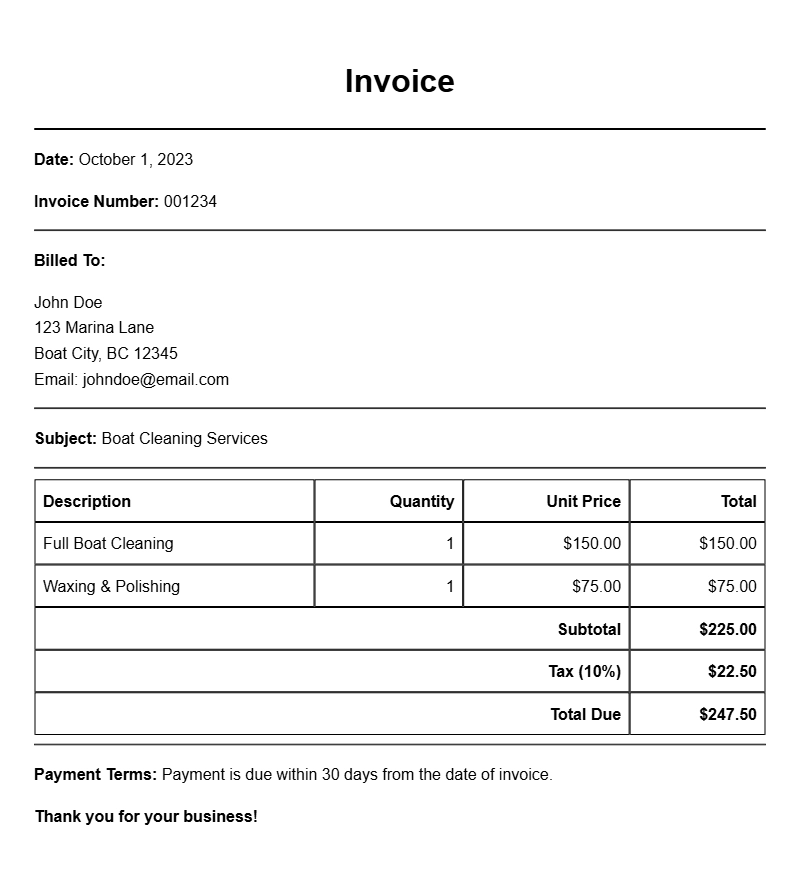 Boat Cleaner Invoice Samples for Efficient Billing