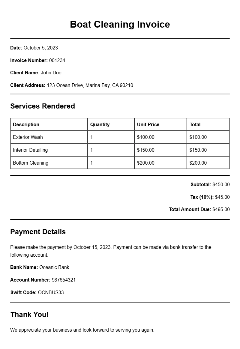 Boat Cleaning Invoice Samples for Easy Billing Solutions