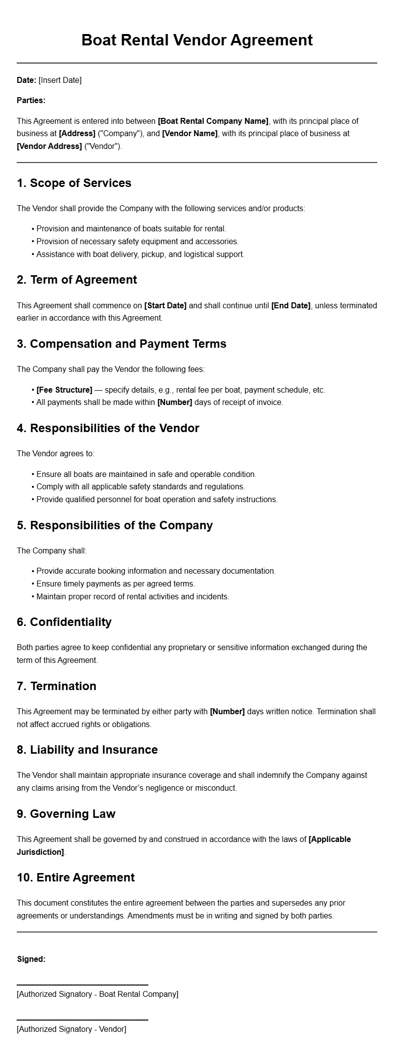 Boat Rental Company Vendor Agreement Templates