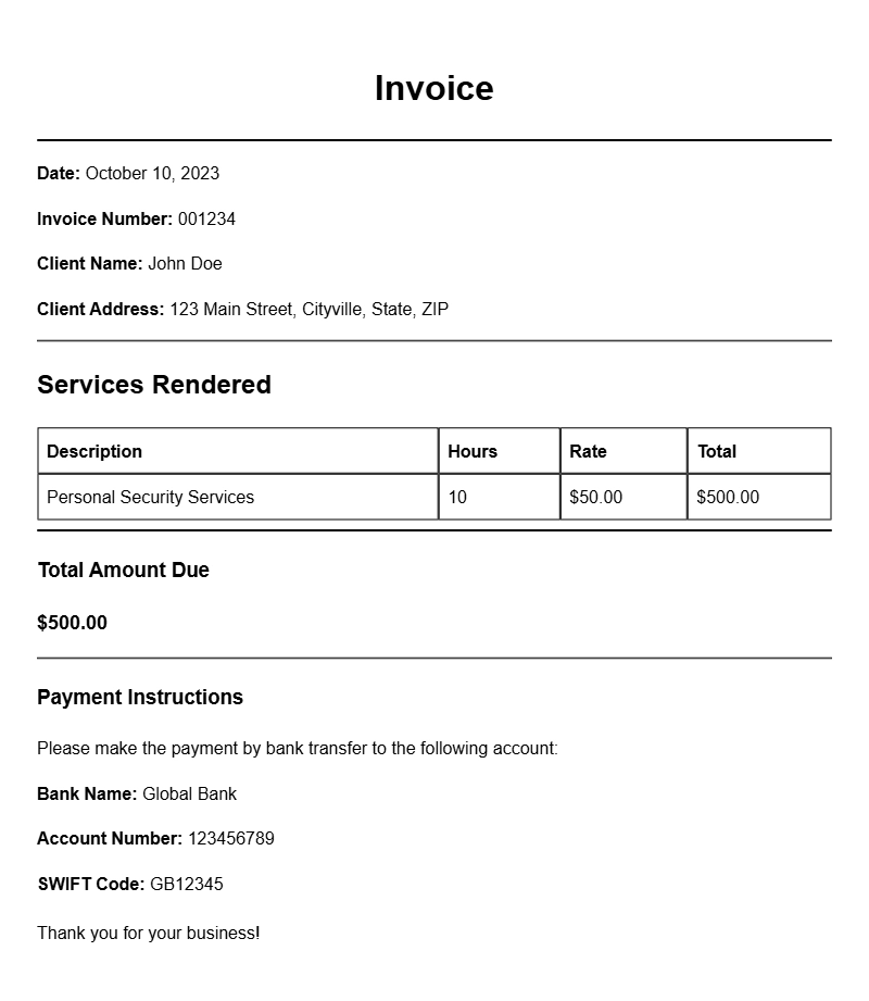 Bodyguard Invoice Samples for Professional Services