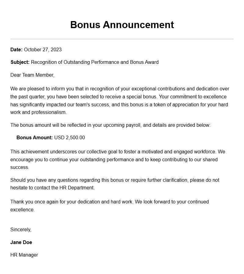 Effective Bonus Announcement Letter Samples for Your Business