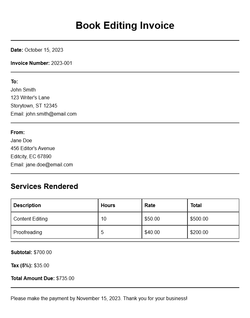 Book Editing Invoice Samples for Freelancers and Authors