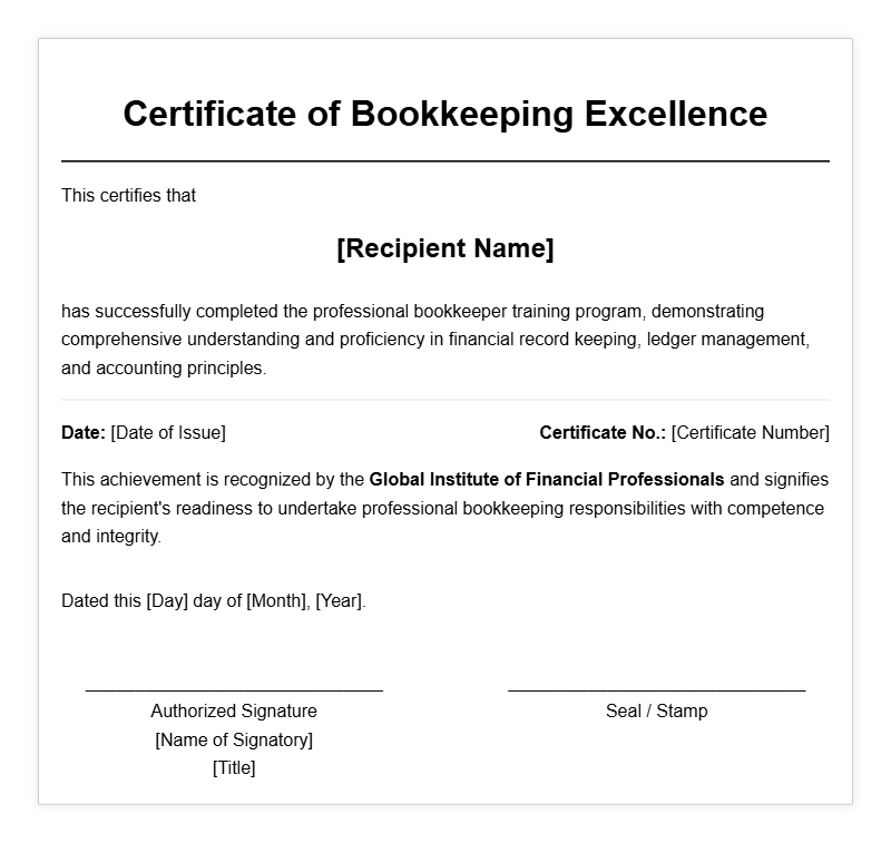 Bookkeeper Certificate Samples for Professional Certification