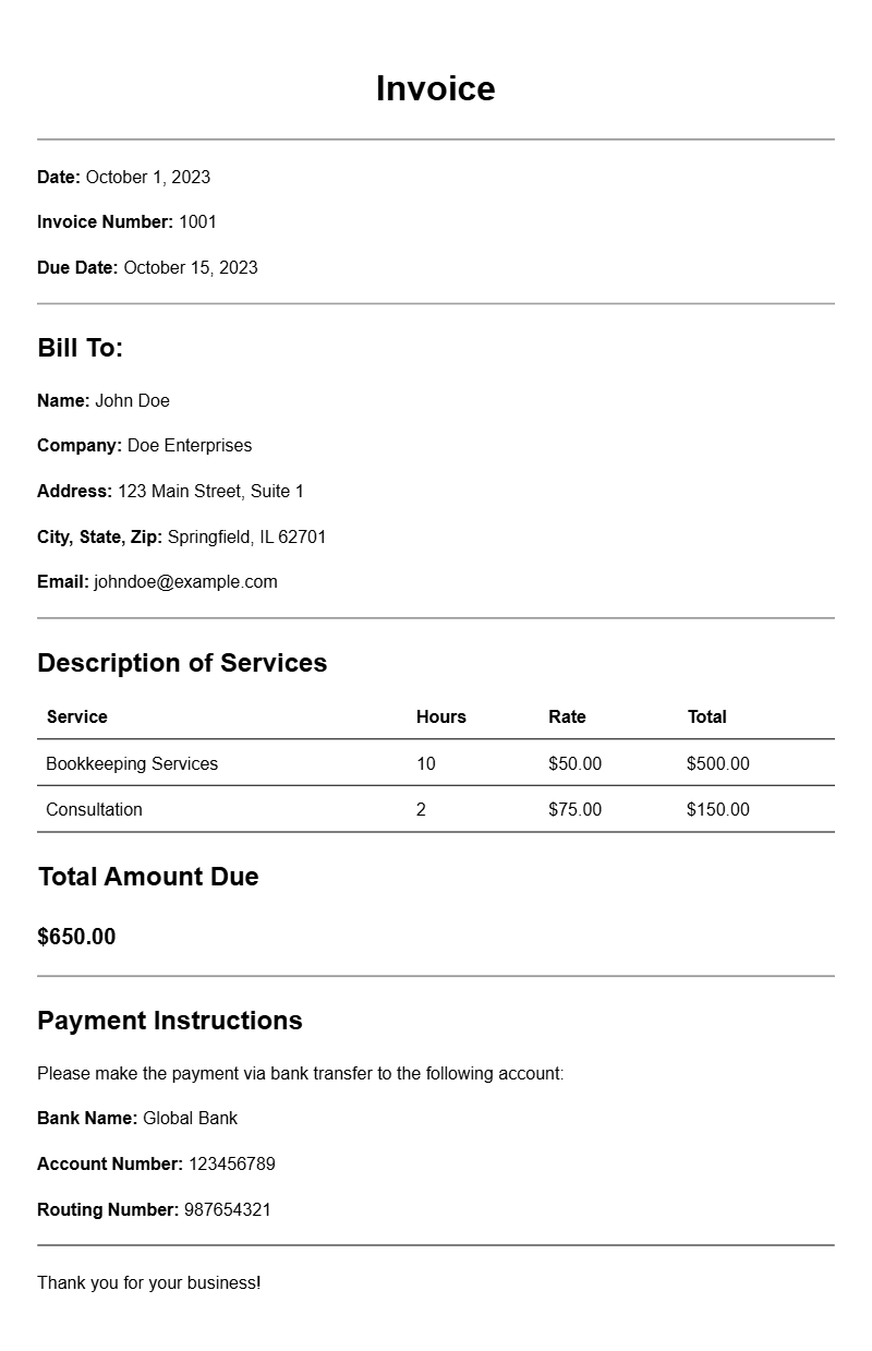 Bookkeeper Invoice Samples for Effective Billing Practices