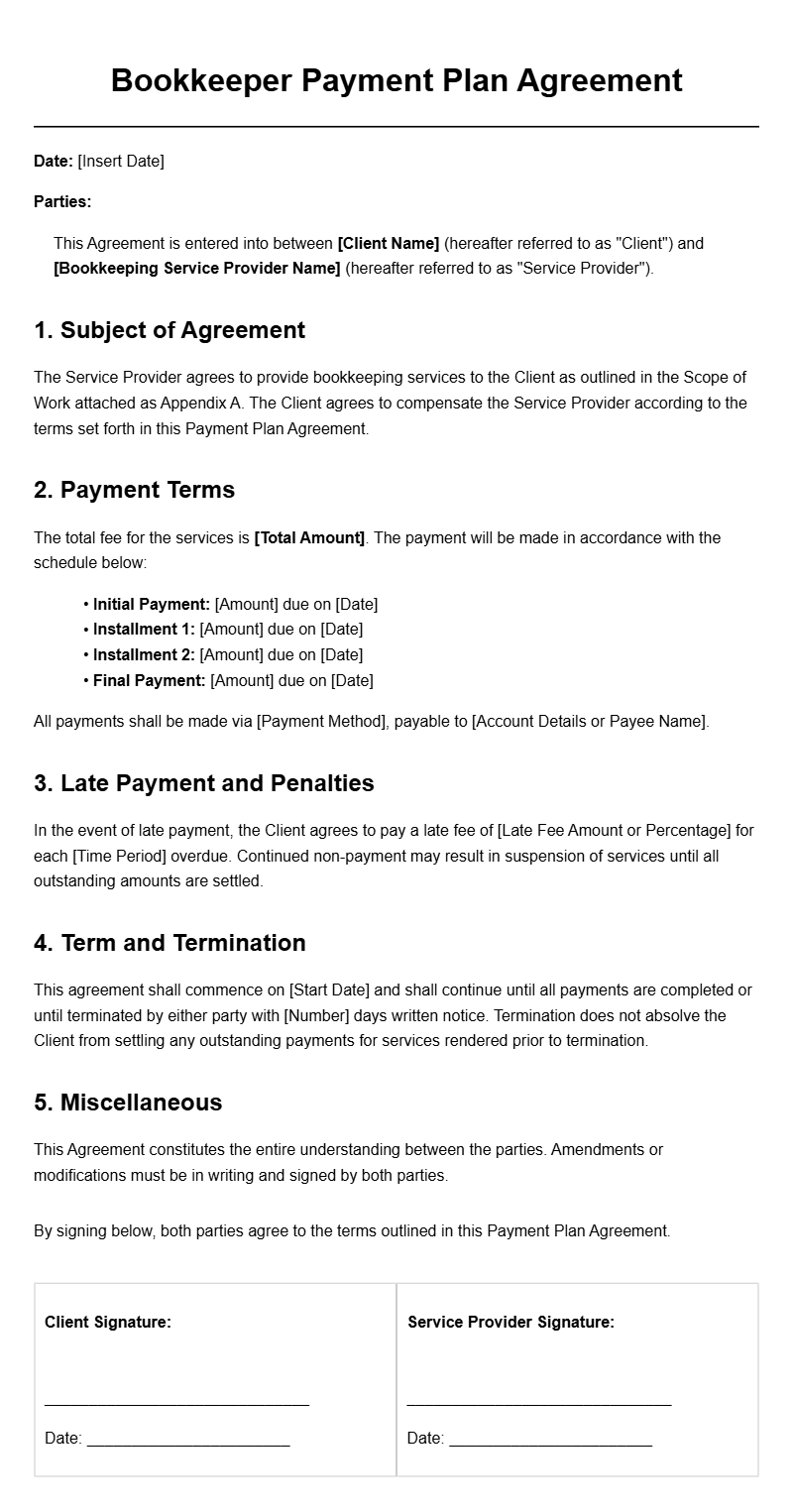 Bookkeeper Payment Plan Agreement Templates for Easy Setup