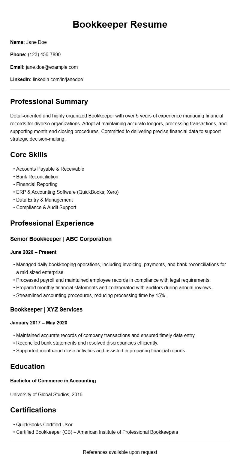 Bookkeeper Resume Samples to Impress Employers