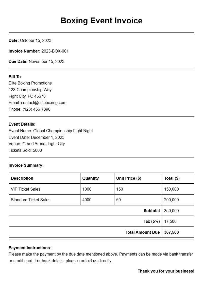 Boxing Event Invoice Samples for Your Next Match