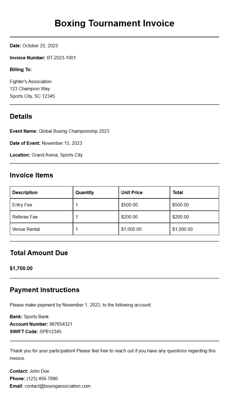 Boxing Tournament Invoice Samples for Event Organizers