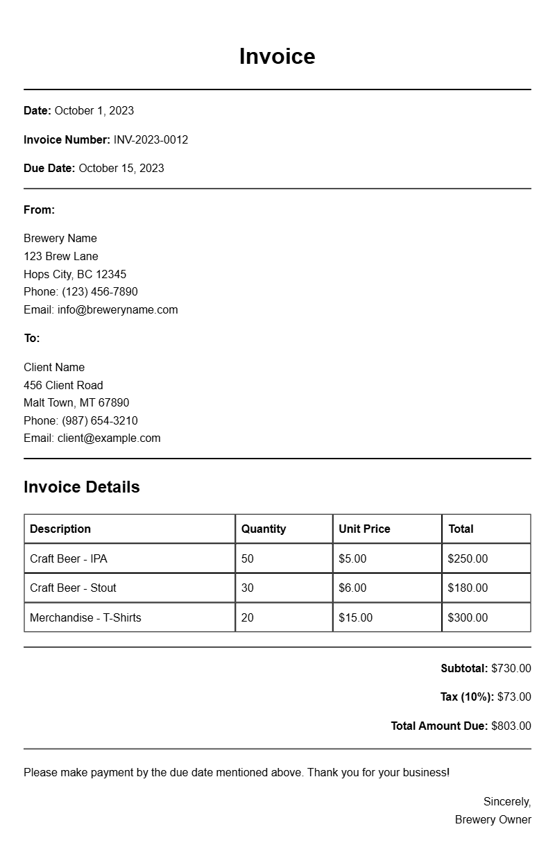Brewery Owner Invoice Samples for Effective Billing