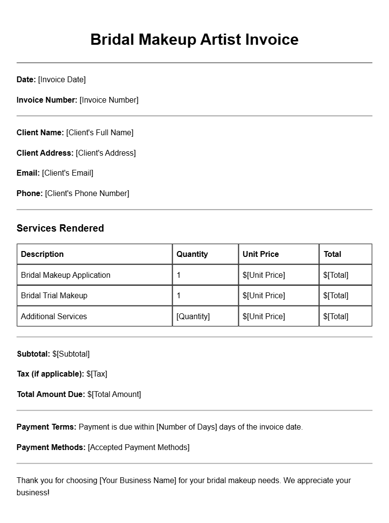 Bridal Makeup Artist Invoice Templates for Easy Billing