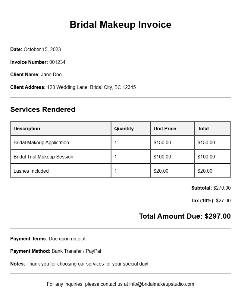 Bridal Makeup Invoice Samples for Your Business Needs