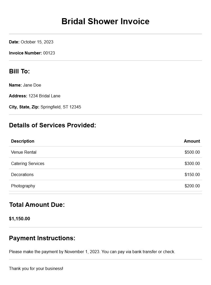 Bridal Shower Invoice Samples for Your Event Planning Needs