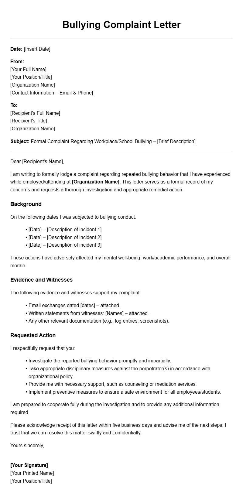 Bullying Complaint Letter Templates