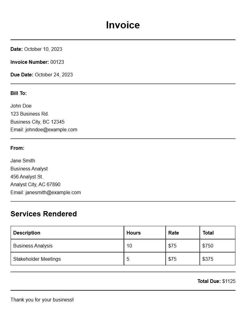 Business Analyst Invoice Samples for Effective Billing