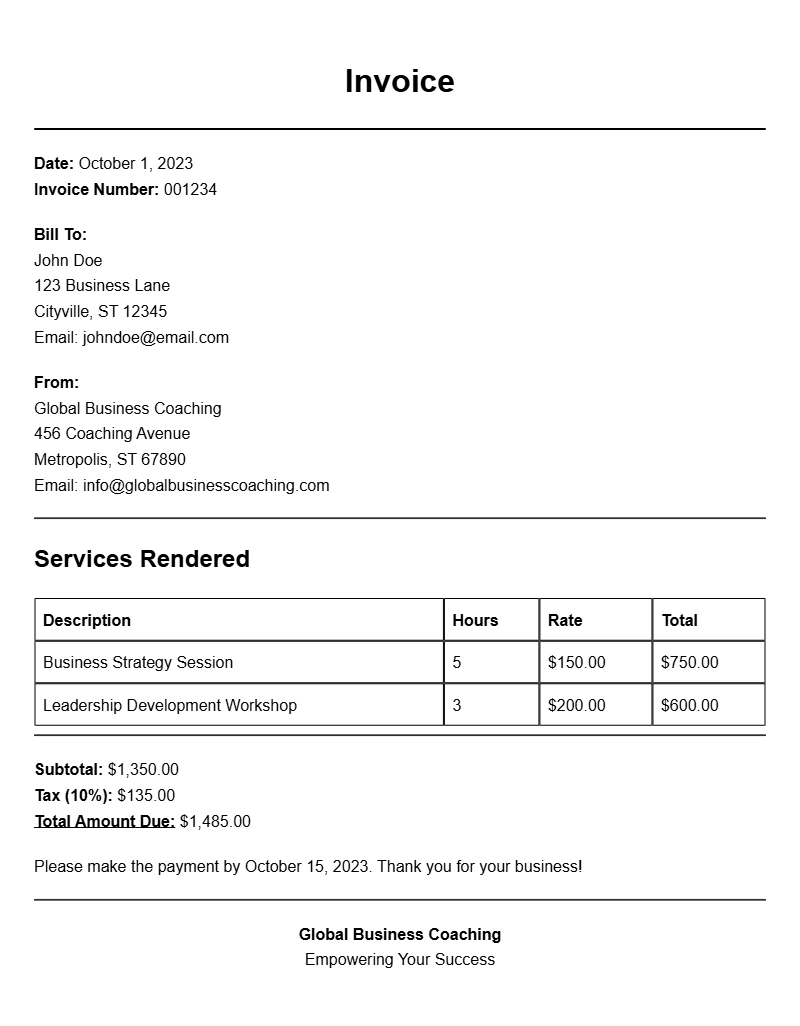 Business Coaching Invoice Samples for Effective Billing