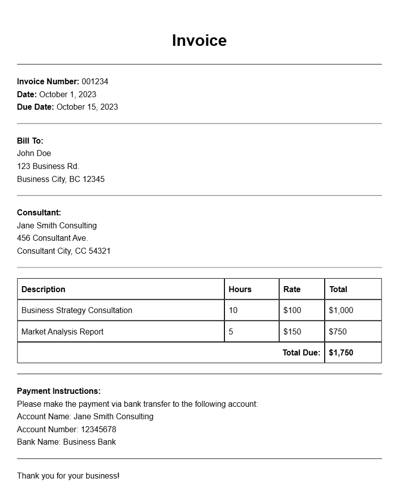 Business Consultant Invoice Samples for Your Needs
