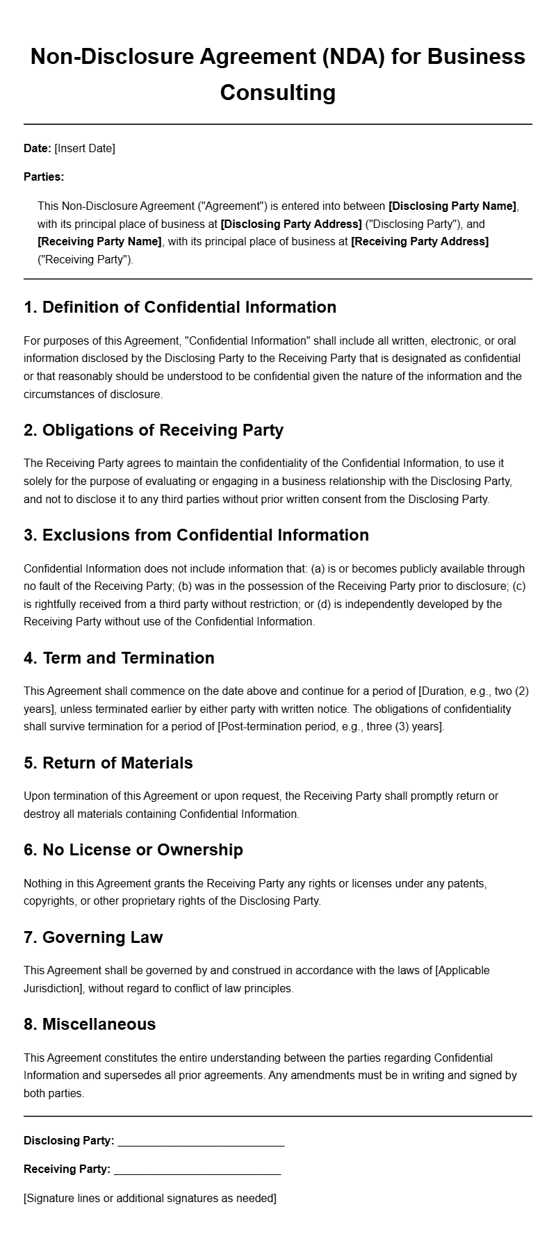 Business Consultant Non-Disclosure Agreement Templates