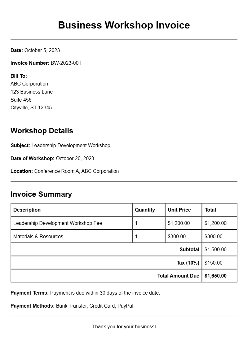 Business Workshop Invoice Samples for Your Reference