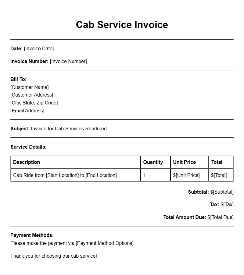 Cab Service Invoice Templates for Your Business Needs