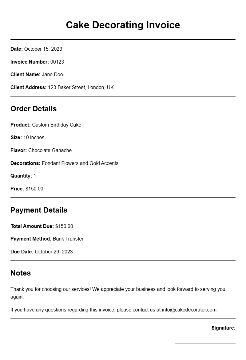 Cake Decorating Invoice Samples for Your Business Needs