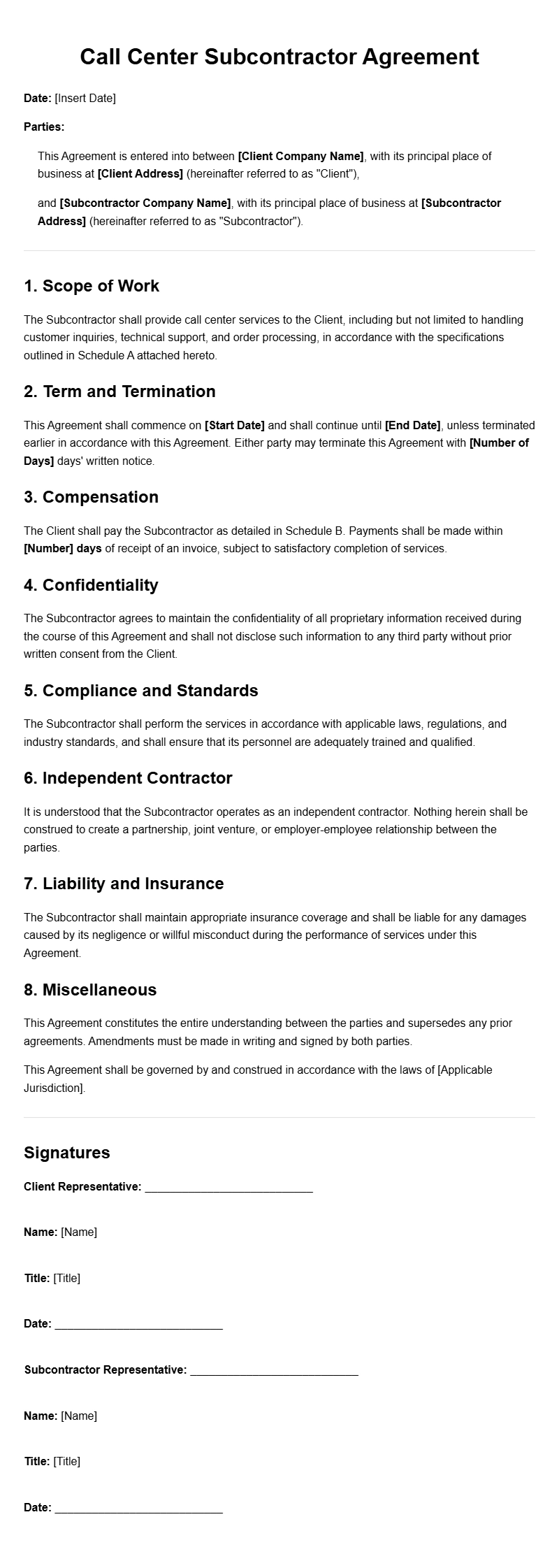Call Center Subcontractor Agreement Templates for Smooth Collaboration