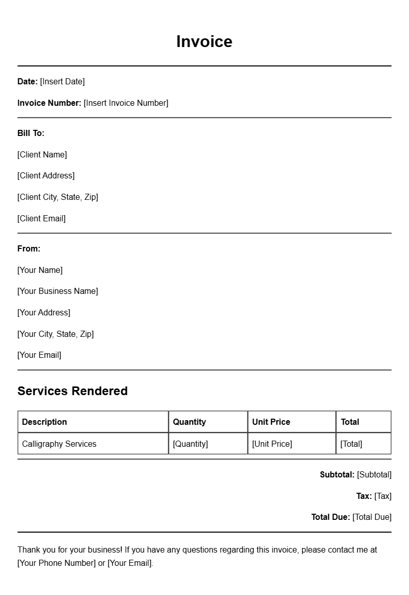 Calligraphy Artist Invoice Templates for Easy Billing