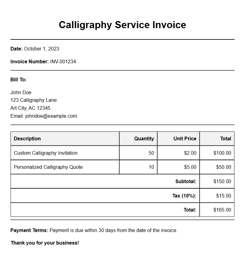Elegant Calligraphy Service Invoice Templates for Your Business