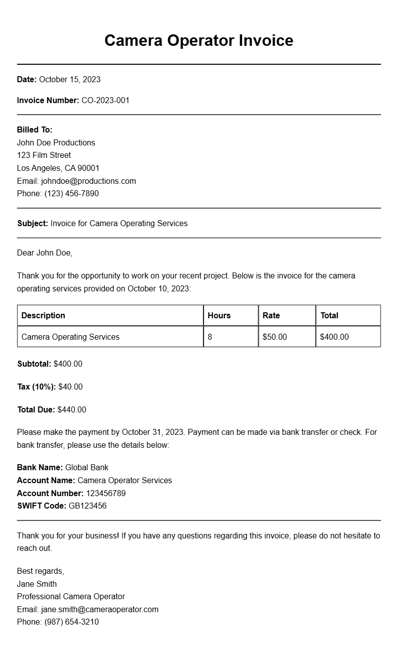 Camera Operator Invoice Samples for Your Business Needs
