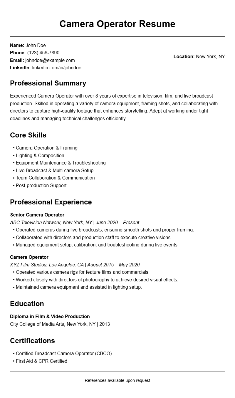Effective Camera Operator Resume Templates for Job Success