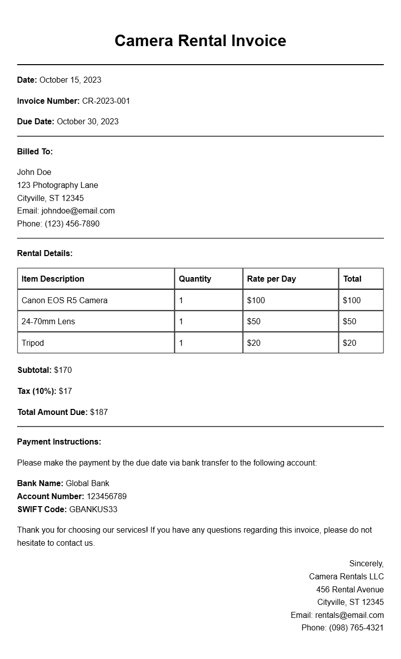 Camera Rental Invoice Samples for Your Business Needs