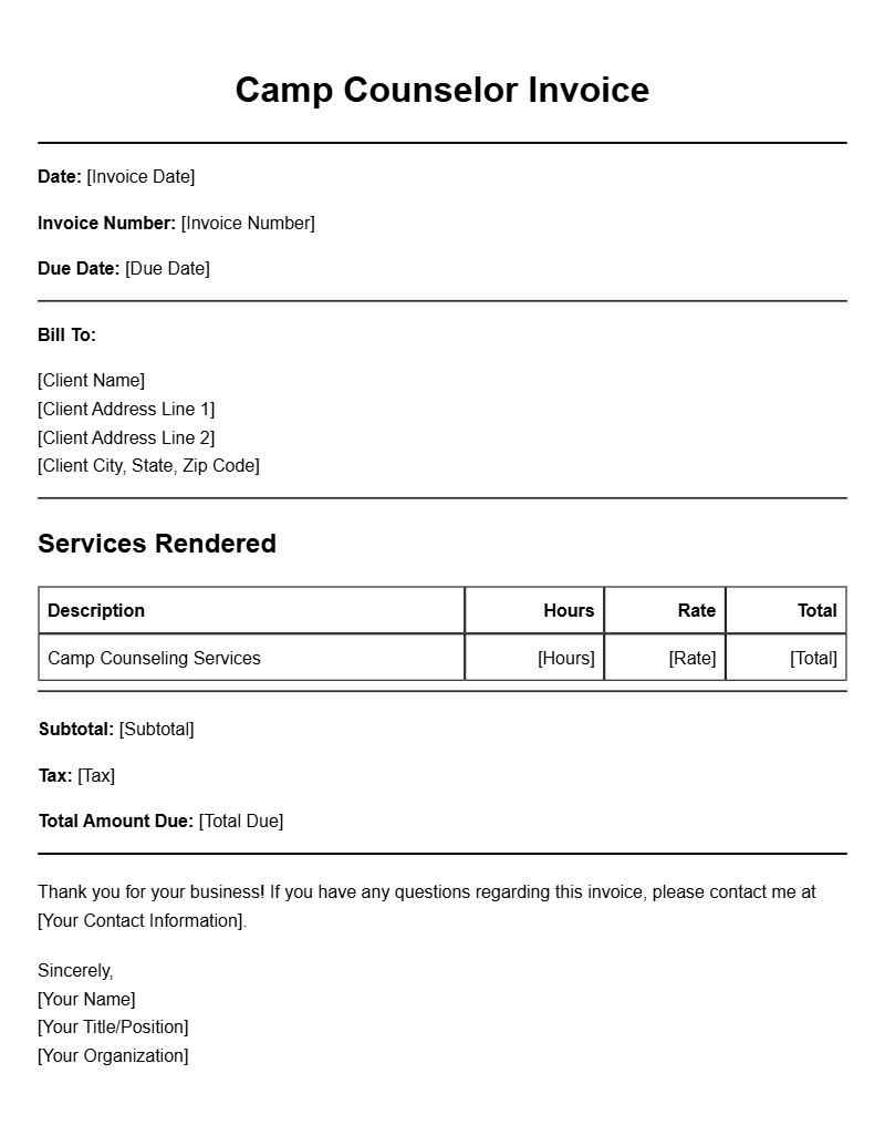 Camp Counselor Invoice Templates for Easy Billing