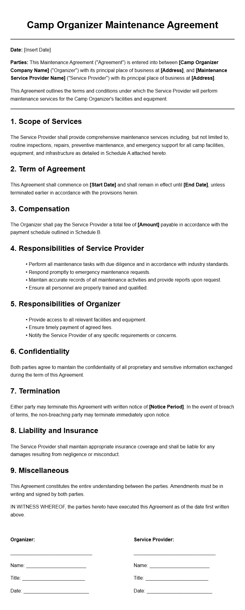 Camp Organizer Maintenance Agreement Templates Camp Organizer Maintenance Agreement Templates