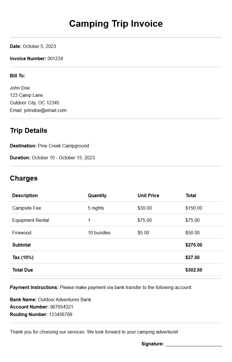 Camping Trip Invoice Samples for Easy Billing