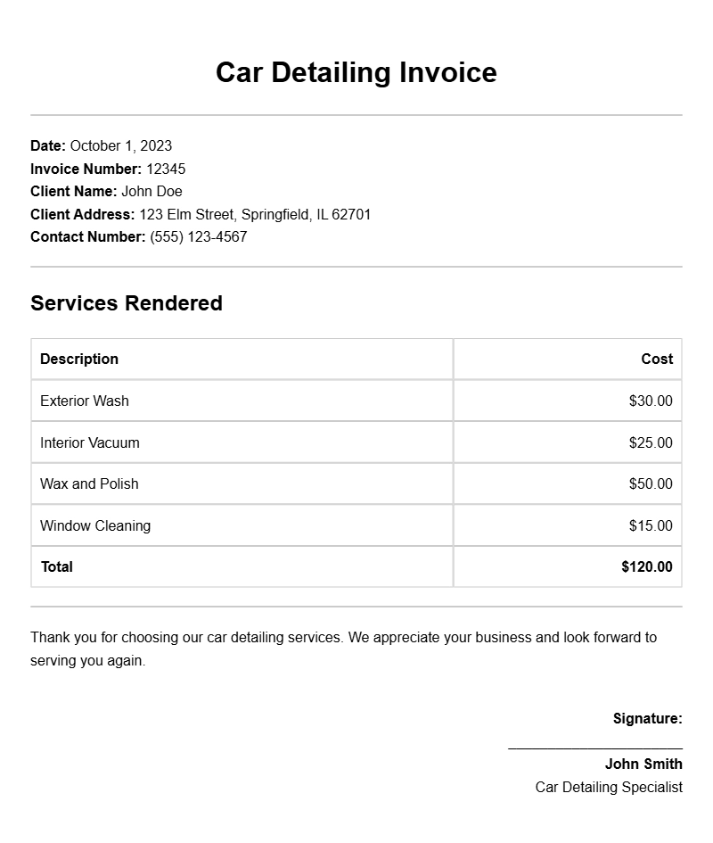 Car Detailing Invoice Samples for Your Business Needs