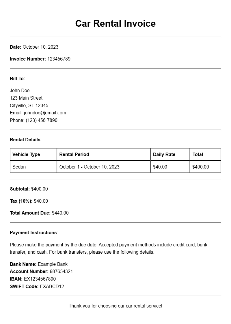 Car Rental Invoice Templates for Easy Billing Management