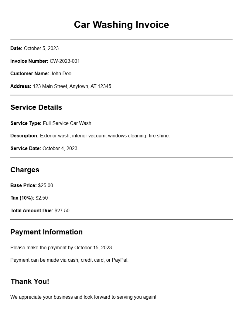 Car Washing Invoice Samples for Your Business Needs