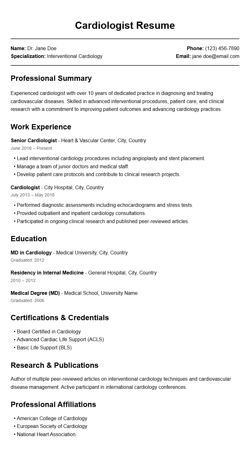 Professional Cardiologist Resume Templates for Medical Careers