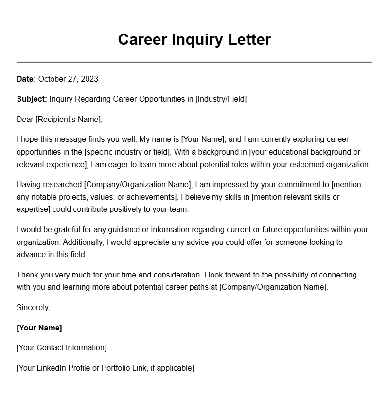 Effective Career Inquiry Letter Samples for Professional Outreach Effective Career Inquiry Letter Samples for Professional Outreach