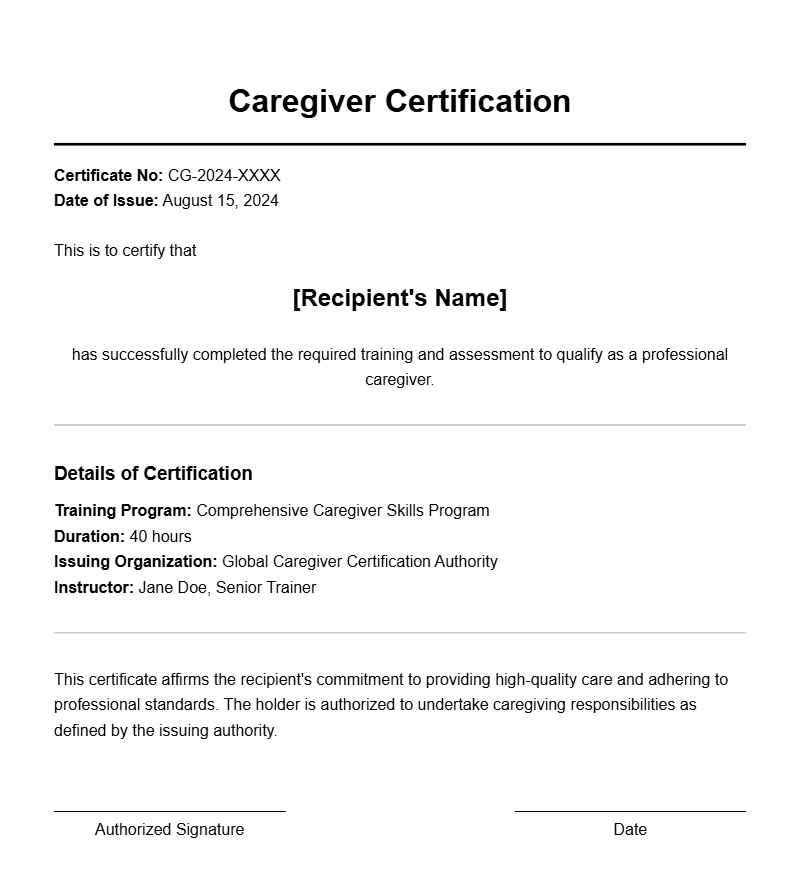 Caregiver Certificate Templates for Professional Recognition