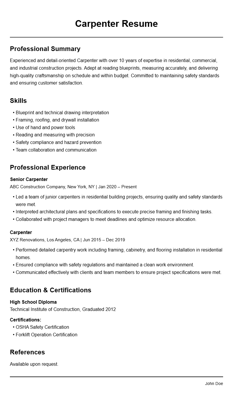 Carpenter Resume Samples to Showcase Your Skills