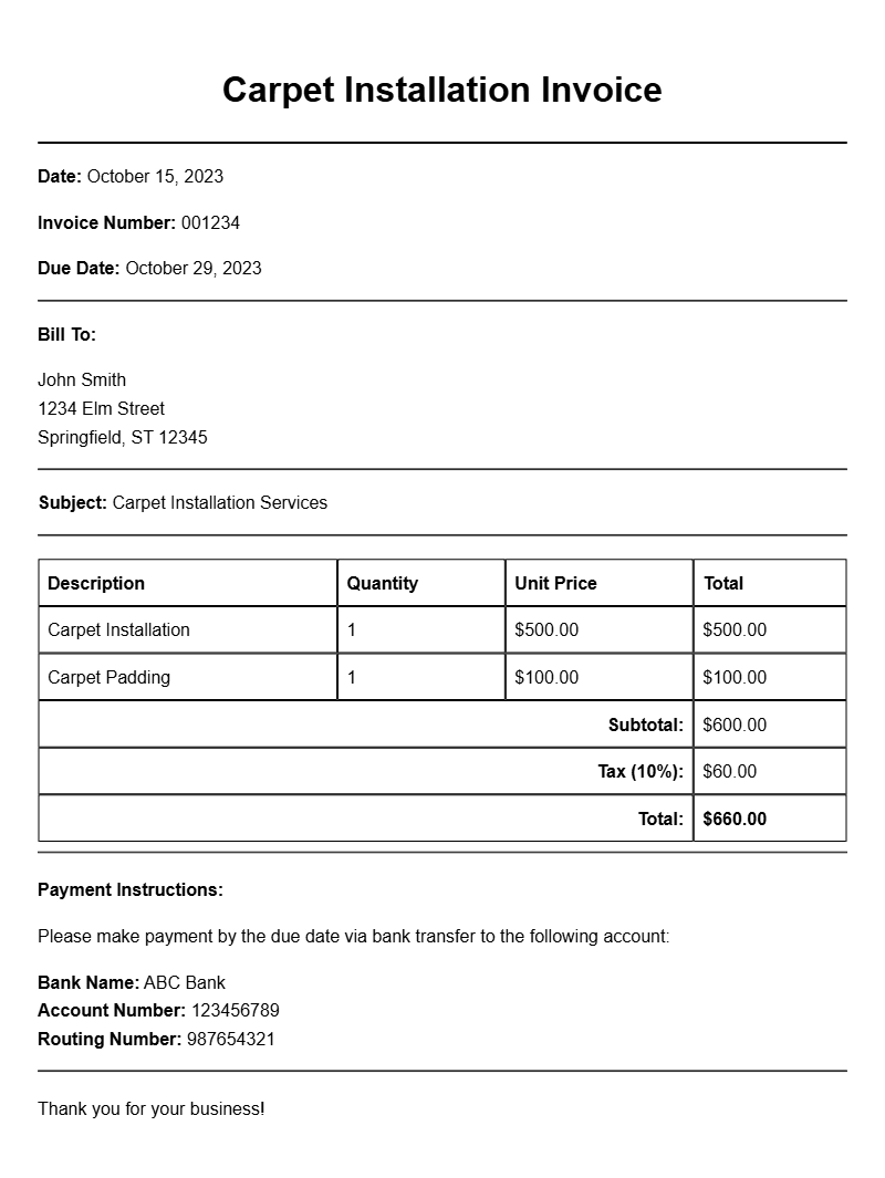 Carpet Installer Invoice Samples for Easy Billing