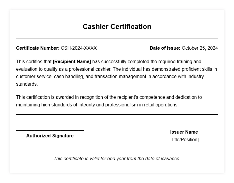Professional Cashier Certificate Templates for Certification